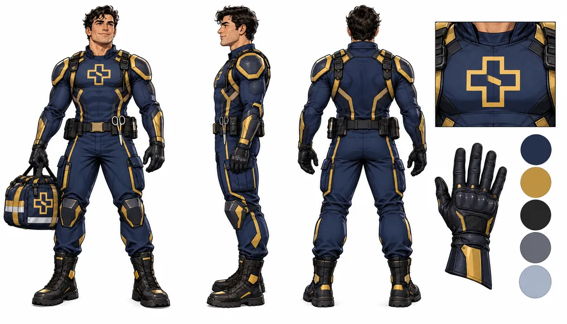Golden Hour reference sheet with front, side and back views