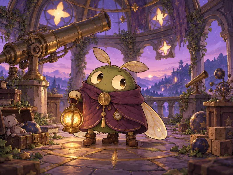 Merrit Mosslever: A round moss-green mothlike clockwork caretaker with four short booted legs, mitten hands, sleepy cream eyes, folded oval wings, a plum quilted cape and a warm lantern