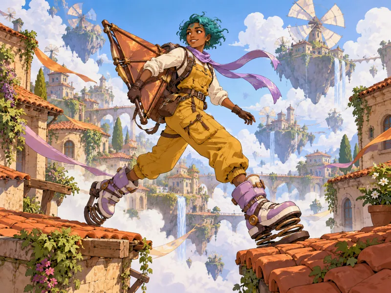 Tamsin Copperstep: An adult courier with dark skin, teal curls, mustard flight overalls, lavender spring boots and a folded copper kite