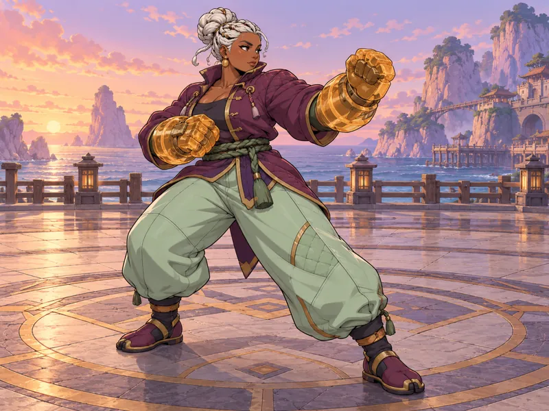 Vessa Amberwheel: An adult fighter with copper-brown skin, a white braided bun, a plum padded jacket, mint trousers and translucent amber training gauntlets