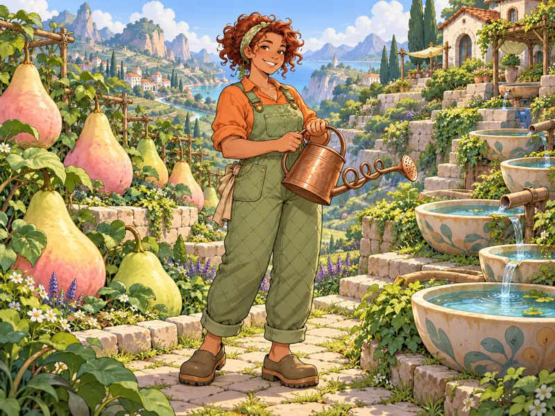 Orlen Petalwrench: An adult gardener with tan skin, auburn curls, sage quilted overalls, orange sleeves and a copper spiral-spout watering can