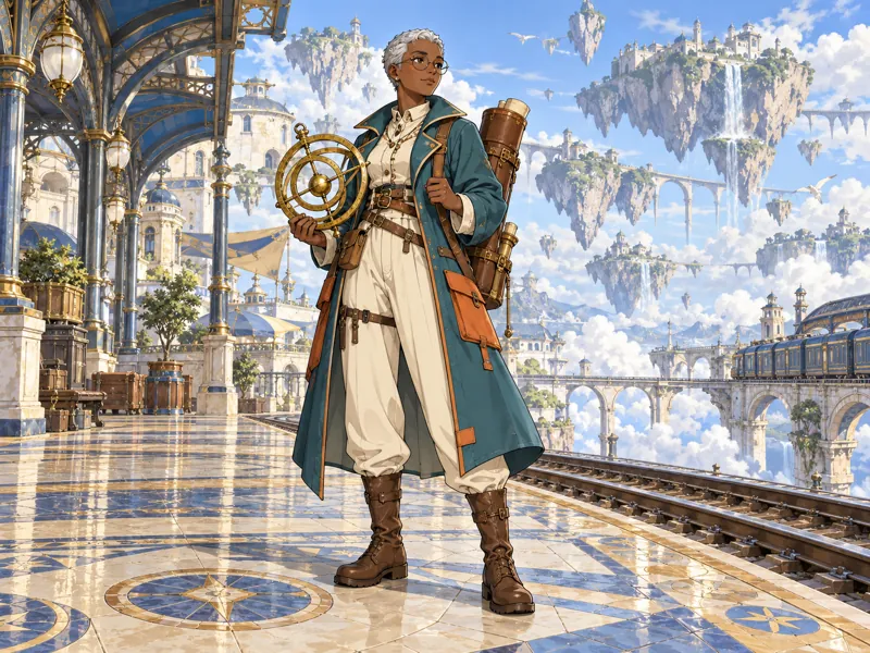 Neris Brassmeadow: An adult navigator with deep brown skin, short silver hair, round spectacles, a teal coat with copper pockets and a brass astrolabe