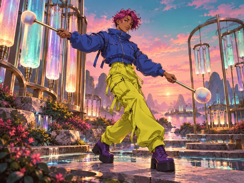Corda Ribbonwell: An adult performer with medium brown skin, short magenta textured hair, a cobalt jacket, citron trousers and soft-ended tuning mallets