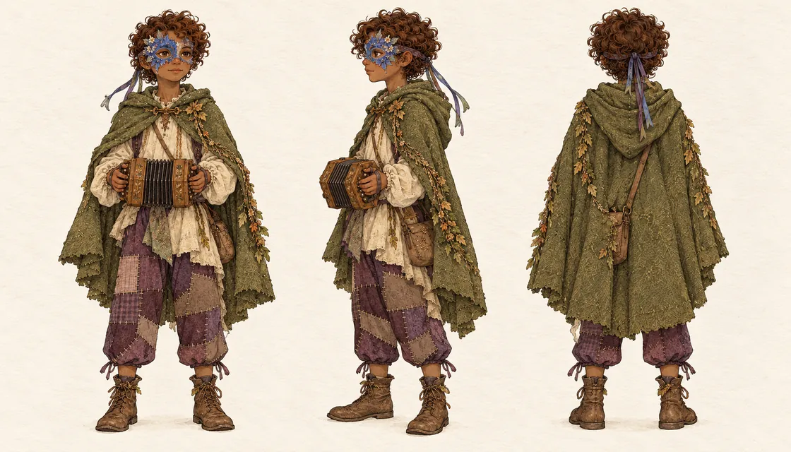 Front, side and back reference views of Edwin Threadmere in a cornflower mask and layered folk clothes